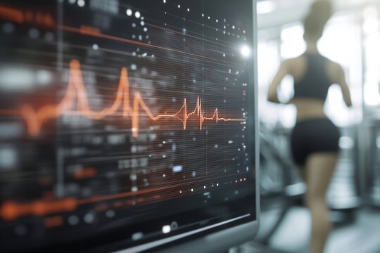 Futuristic fitness room with treadmill and futuristic interface that allows you to track your workout, health indicators. Concept of high-tech technologies, virtual trainers, augmented reality