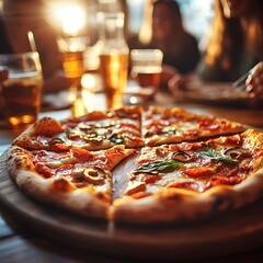 Close up of a pepperoni pizza with mushrooms and basil on a wooden board with blurred background of people and drinks.