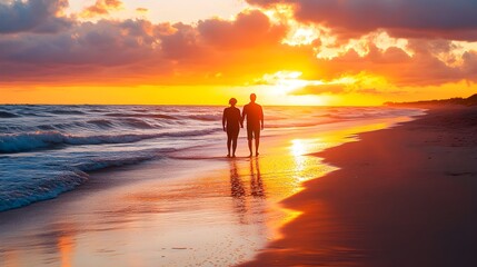 Fototapeta premium A romantic scene of a couple strolling together on the beach at sunset, with the sun casting a warm glow over the ocean waves, symbolizing a perfect weekend getaway 