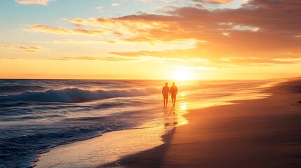 Fototapeta premium A romantic scene of a couple strolling together on the beach at sunset, with the sun casting a warm glow over the ocean waves, symbolizing a perfect weekend getaway 