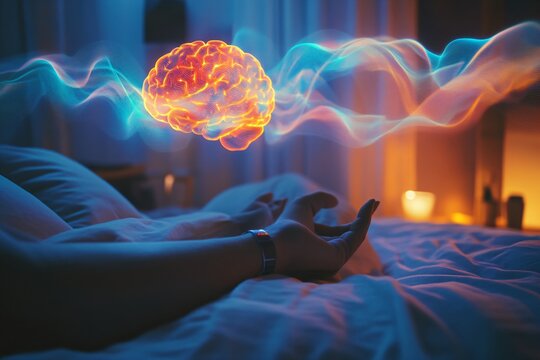 Glowing orange brain hologram above hand in dimly lit bedroom for sleep-related cognitive enhancement, dream control techniques, and neuroplasticity concepts in sleep science and brain optimization re