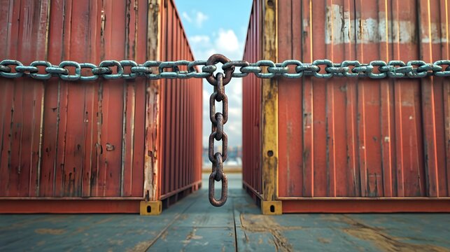 A shipping container at a port with a severed chain hanging loosely from the container’s lock, representing international trade restrictions and barriers to free movement of goods 