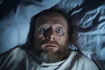 A man can't sleep because of insomnia. A man is troubled by a midlife crisis and domestic worries. Concept for social advertising of work with a psychologist, antidepressants and sleeping pills
