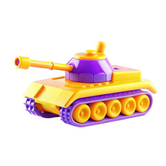A bright, cartoonish toy tank in yellow and purple colors, showcasing playful design elements suitable for children.