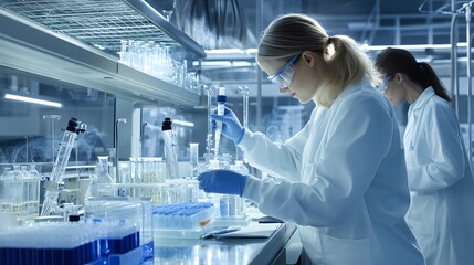 A female scientist in a lab coat working with a beaker and test tubes