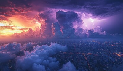 Fototapeta premium Lightning storm over a vibrant city skyline with dramatic purple and orange clouds reflecting on the river at dusk Generative AI