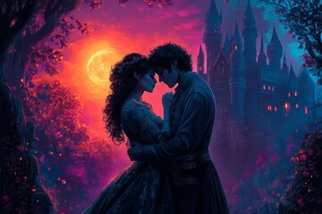 Romantic couple embraces under a vibrant moonlit sky near a mystical castle at dusk
