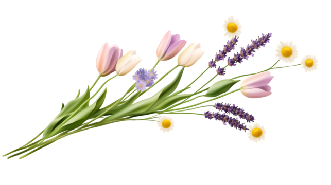 Minimal Spring Mix Bouquet: "A minimalistic bouquet featuring a combination of tulips, daisies, and lavender, arranged loosely with their stems. PNG, Generative AI.