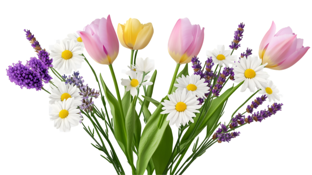 Minimal Spring Mix Bouquet: "A minimalistic bouquet featuring a combination of tulips, daisies, and lavender, arranged loosely with their stems. PNG, Generative AI.