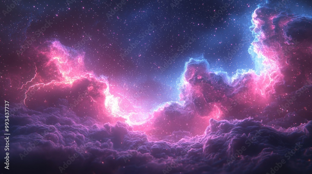 Wall mural colorful cosmic nebula with glowing pink and purple clouds surrounded by stars in deep space atmosph