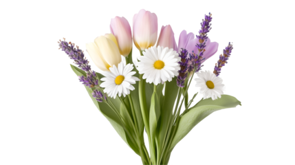 Minimal Spring Mix Bouquet: "A minimalistic bouquet featuring a combination of tulips, daisies, and lavender, arranged loosely with their stems. PNG, Generative AI.