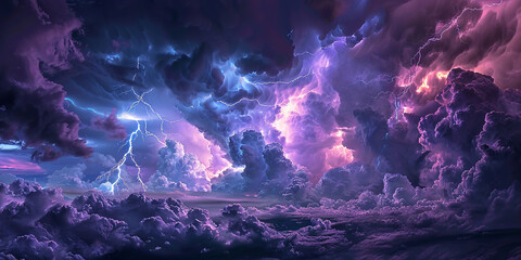 Thunderous clouds fill the sky as bolts of lightning dance, showcasing nature's powerful artistry at dusk.