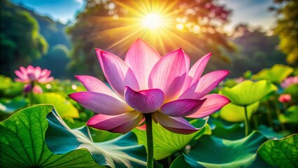 Radiant Lotus Blossom Bathed in Warm Sunlight Reflecting Tranquility and Natural Beauty in Nature
