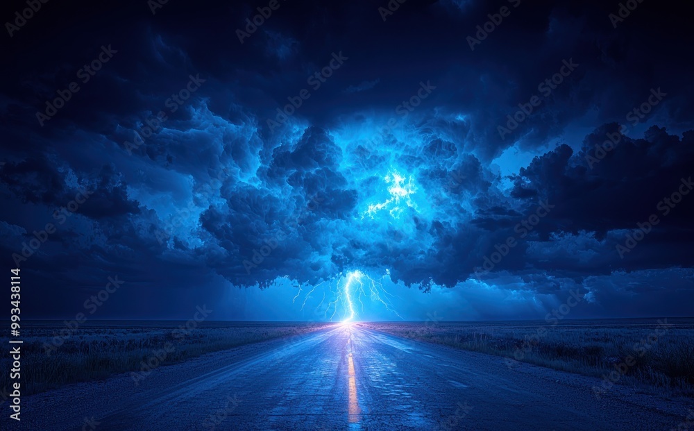 Wall mural Massive storm cloud with lightning striking over open road at sunset creating a dramatic and intense sky scene Generative AI
