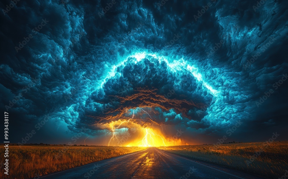 Wall mural Massive storm cloud with lightning striking over open road at sunset creating a dramatic and intense sky scene Generative AI