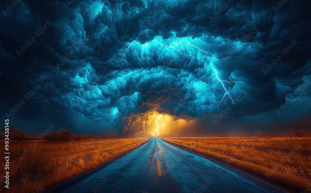 Wall mural massive storm cloud with lightning striking over open road at sunset creating a dramatic and intense