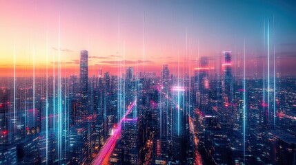 Fototapeta premium Smart city with abstract dot connections and flowing gradient lines, representing big data and advanced technology concepts 