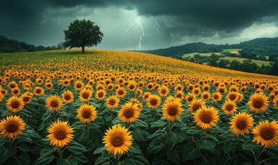 Fototapeta premium Sunflower field with solitary tree under dark stormy sky as lightning strikes in the distance Generative AI
