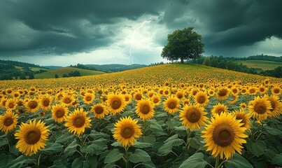 Obraz premium Sunflower field with solitary tree under dark stormy sky as lightning strikes in the distance Generative AI