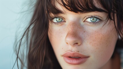 Fototapeta premium Close-Up Portrait of Freckled Woman with Blue Eyes - Natural Beauty and Skincare Concepts