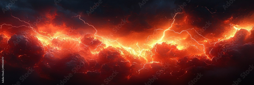 Wall mural intense fiery lightning storm with glowing red and orange clouds creating a dramatic and powerful co