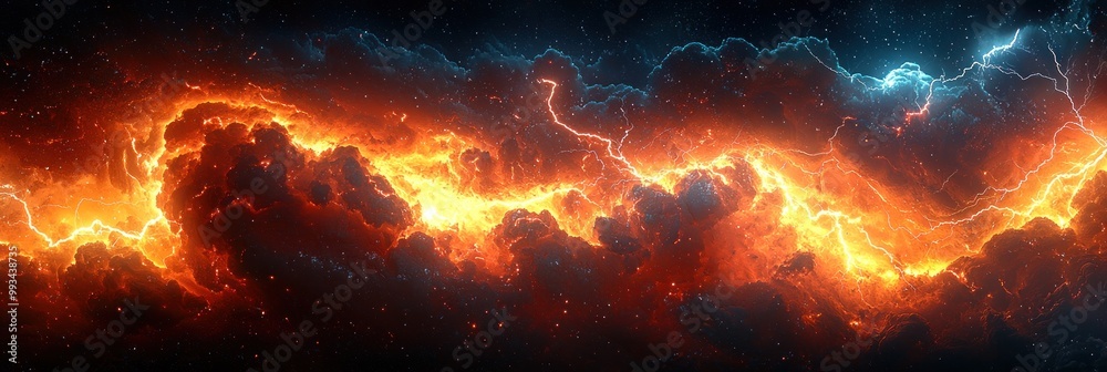 Wall mural intense fiery lightning storm with glowing red and orange clouds creating a dramatic and powerful co