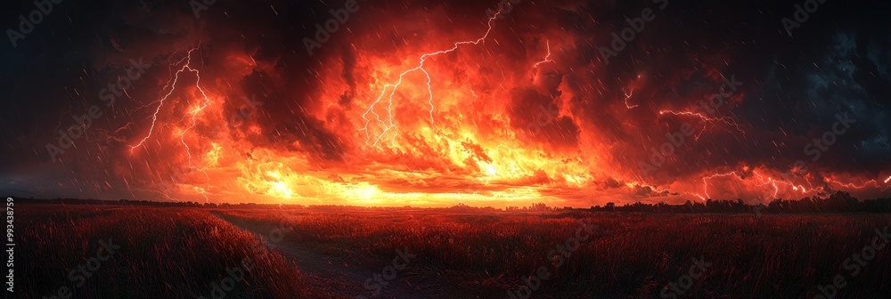 Wall mural intense fiery lightning storm with glowing red and orange clouds creating a dramatic and powerful co