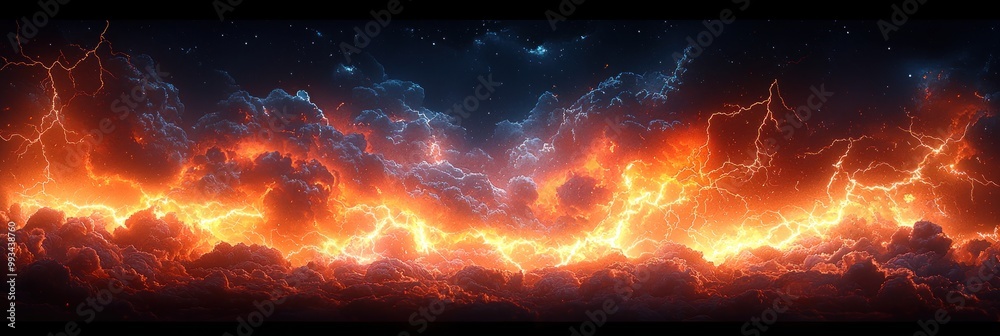Wall mural intense fiery lightning storm with glowing red and orange clouds creating a dramatic and powerful co