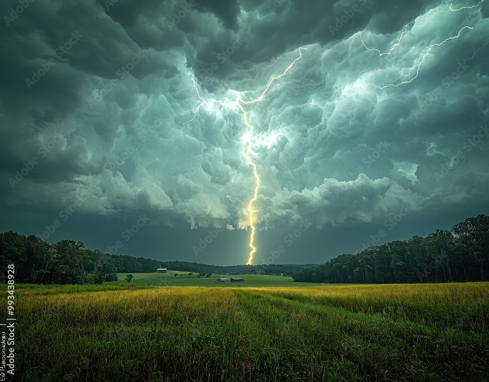 Wall mural powerful lightning bolt strikes a green field under a stormy sky with glowing clouds and falling rai