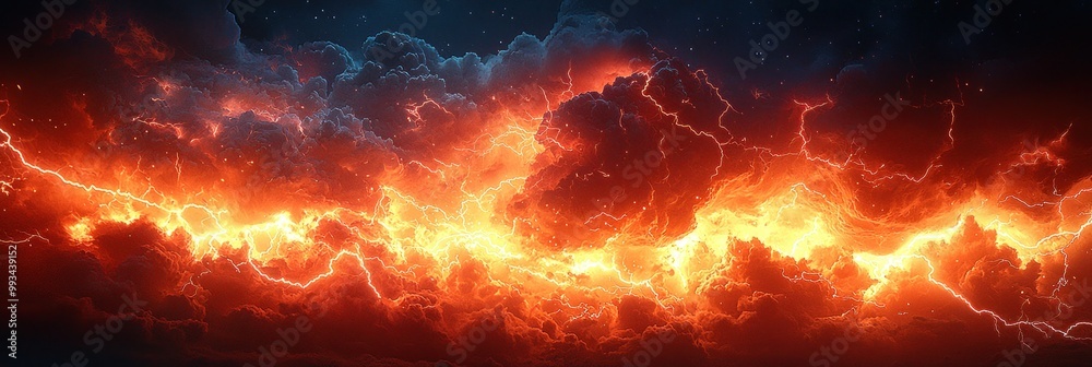 Wall mural fiery cosmic storm with glowing red and orange lightning illuminating turbulent clouds in a dramatic
