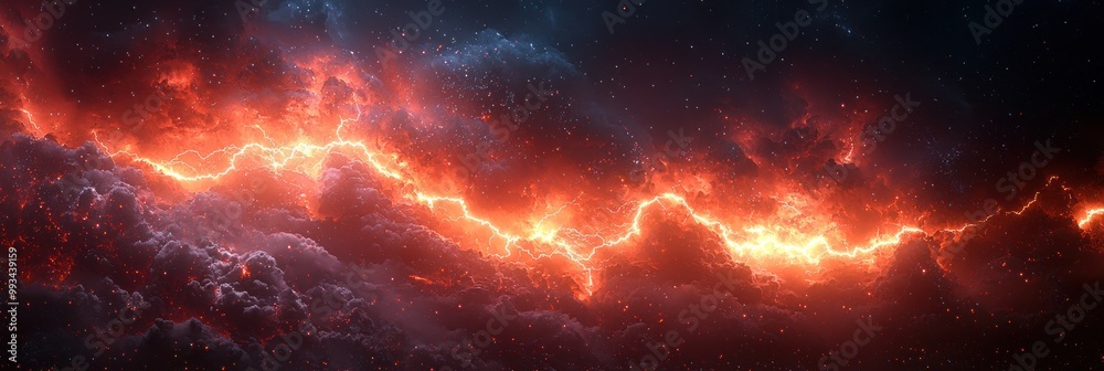 Wall mural fiery cosmic storm with glowing red and orange lightning illuminating turbulent clouds in a dramatic