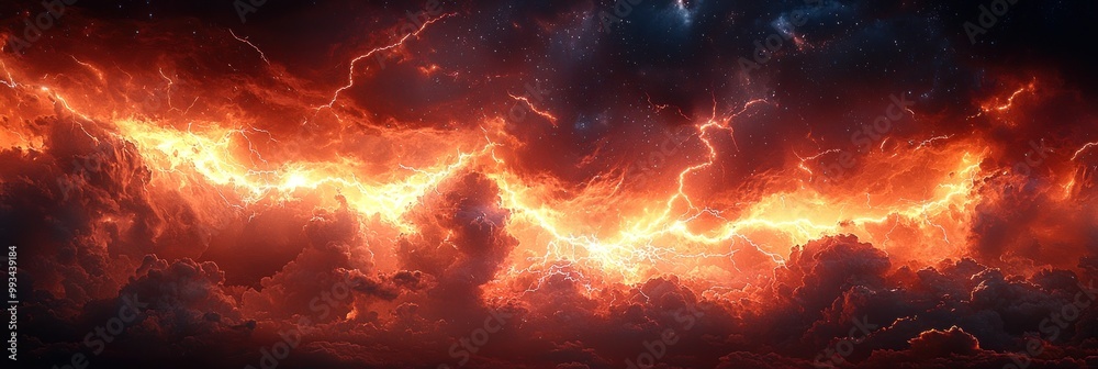 Wall mural fiery cosmic storm with glowing red and orange lightning illuminating turbulent clouds in a dramatic