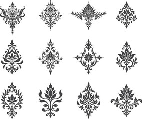 Damask set of Elegant Floral abstract design elements. Black Vector Pattern on a White background.