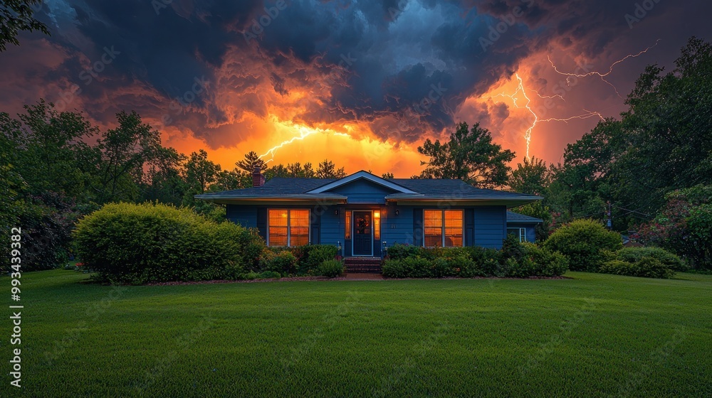 Wall mural house illuminated at night under stormy sky with lightning flashing through dark clouds in the backg
