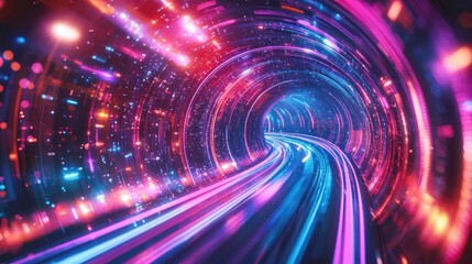 Obraz premium Abstract neon blue and pink light trails in a futuristic tunnel Generative AI
