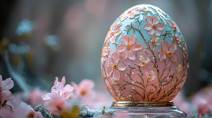 Decorative Easter Egg with Floral Pattern and Pink Flowers