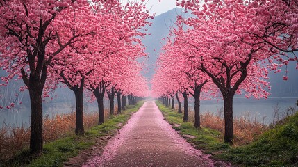 Pink Cherry Blossom Trees Tunnel Path Spring Landscape