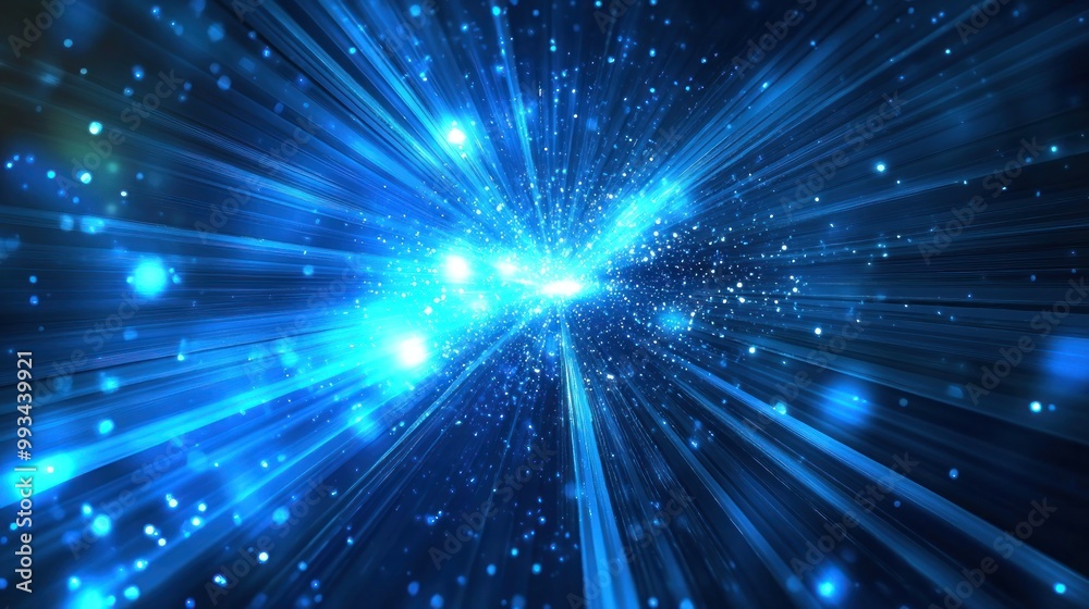 Wall mural abstract burst of blue light rays with glowing particles generative ai