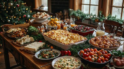Fototapeta premium Festive Christmas Dinner Table Setting with Gourmet Dishes