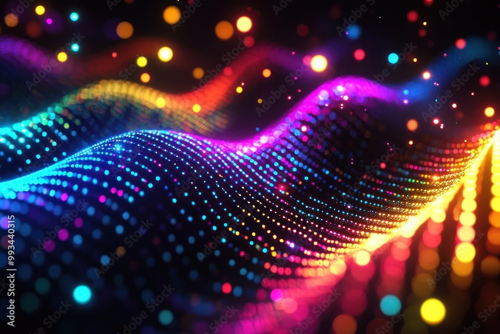 Wall mural colorful flowing wave of light with glowing particles and bokeh in dark abstract generative ai