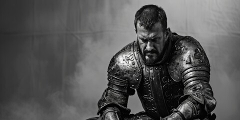 Fototapeta premium A medieval warrior sits on a stool, dressed in armor and ready for battle