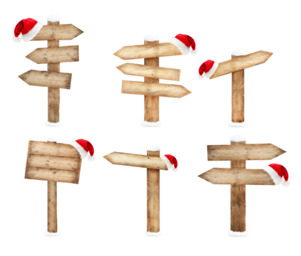 Collection of wooden direction signs with Santa hat isolated on white background - Powered by Adobe