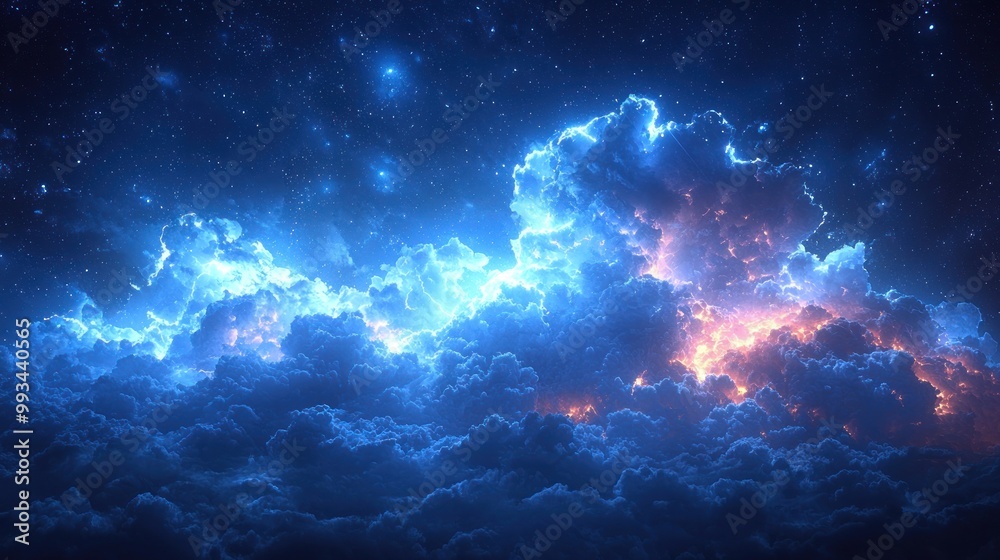 Sticker glowing electric blue clouds with lightning flashes illuminating a dark, star-filled sky creating a 