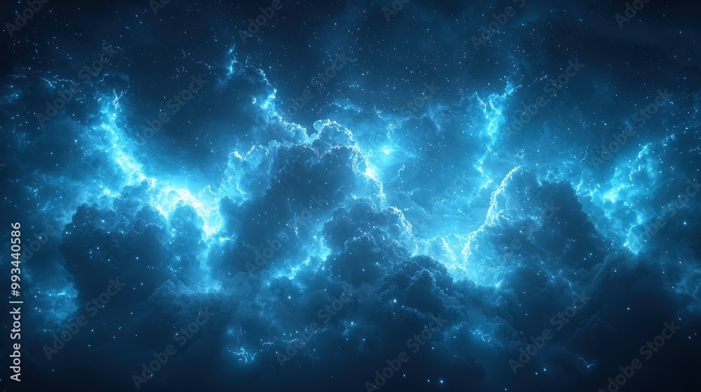 Canvas Prints glowing electric blue clouds with lightning flashes illuminating a dark, star-filled sky creating a 