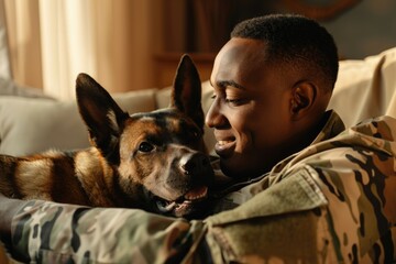 A person sits on a couch with a loyal canine companion