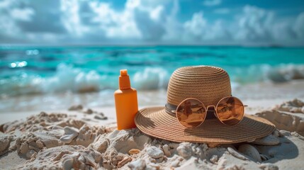 hat, bag, sun glasses and suncream on tropical beach 