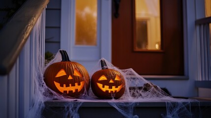 a spooky front porch decorated with carved pumpkins and cobwebs