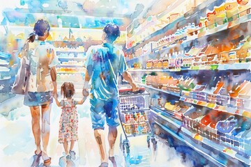 Fototapeta premium A family shops together in a modern grocery store