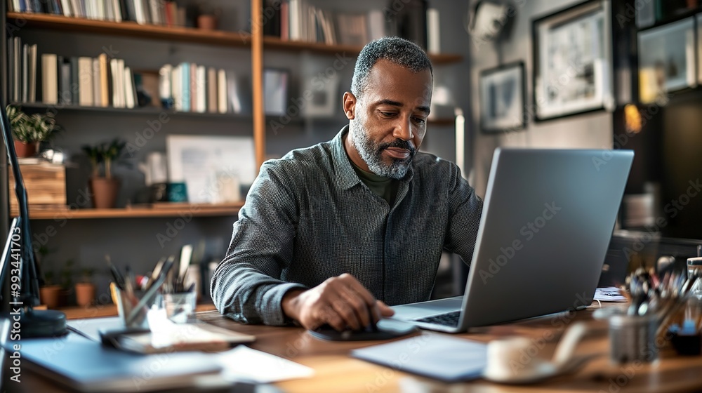 Canvas Prints A focused man works on a laptop at a cozy, well-organized home office filled with books and plants.