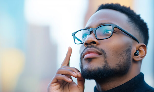 Man adjusting a discreet hearing aid while walking through a busy city, highlighting inclusivity and accessibility in a modern urban environment.